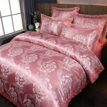 4pcs European Jacquard Satin Bedding Set (1pc Duvet Cover + 1pc Flat Sheet + 2pcs Pillowcases), Brushed Soft Touch, Fade Resistant, Antibacterial, Warm Bedding Set, Suitable For Bedroom, Guest Room, Dorm, Suitable For Men, Women, And Whole Family, All Seasons