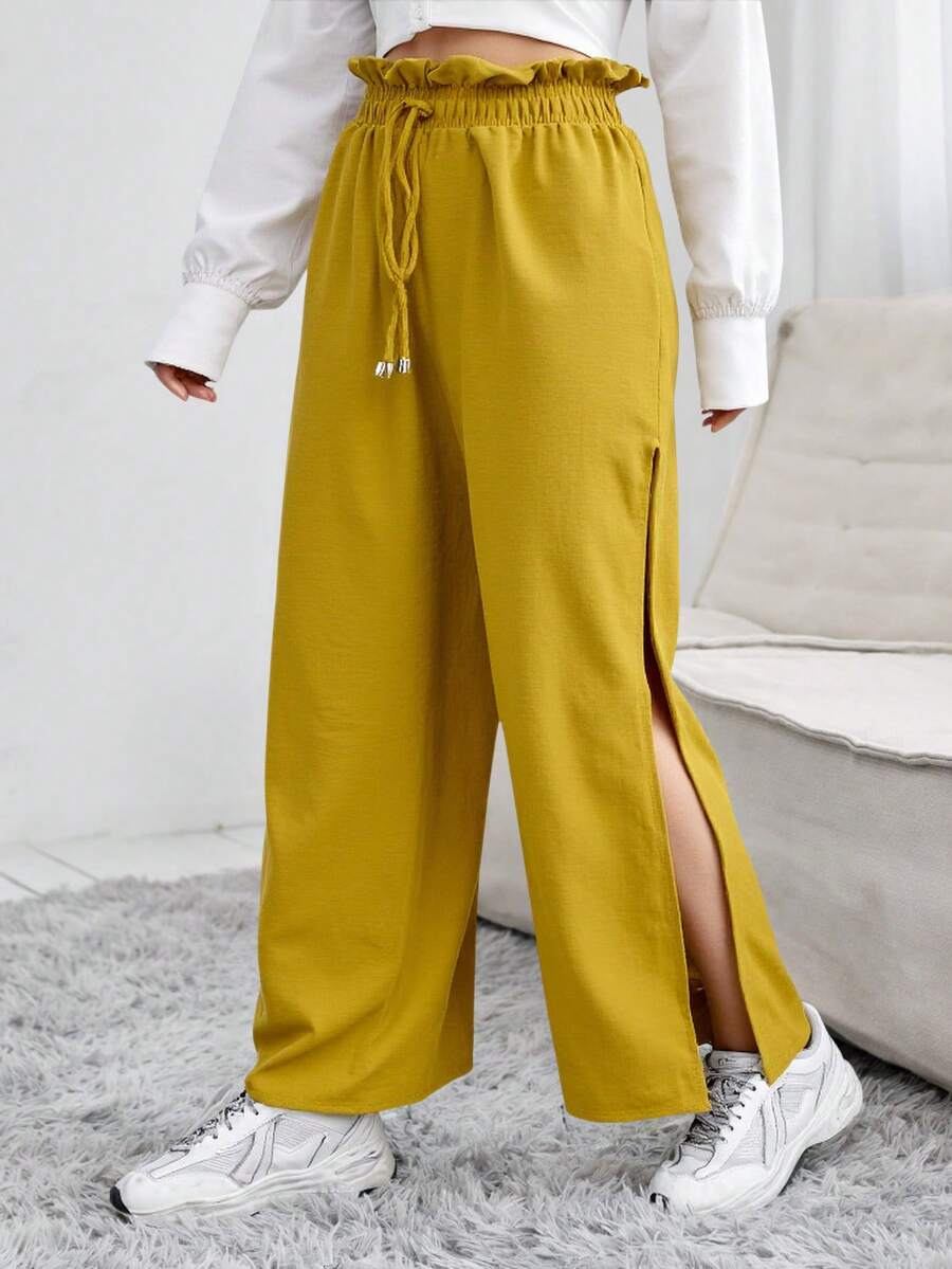 Pantalón ancho holgado pretina elástica mujer casual calor fresco suave verano primavera - Amarillo - Ver 1