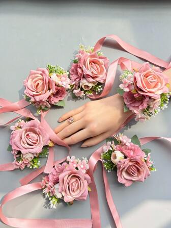 1朵/6朵玫瑰腕花，休闲涤纶纤维腕花，适用于婚礼、新娘、伴娘、婚礼装饰，逼真玫瑰弹性腕/胸花