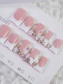 10pcs Y2K Pink & White French Manicure Fake Nails, Bow Design, Rhinestone Decor, Small White Flower Accent, Suitable For Daily, Wedding, Party, Holiday Outfits, Great Gift For Women And Girls Nail Supplies - Pink - View 4