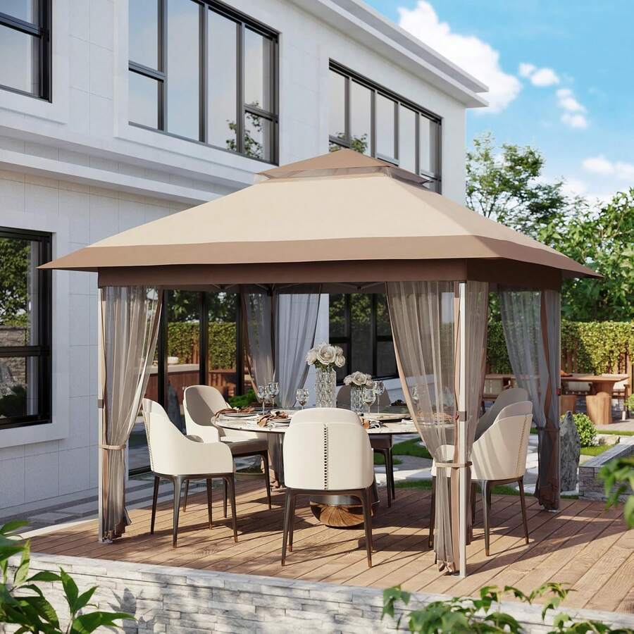 Pop Up Gazebo, 10x10 Outdoor Canopy Tent With Mosquito Netting, Pop Up Canopy Tent With Curtains/Adjustable Height/Wheeled Carrying Bag For Patio Garden Backyard Lawn - 卡其色 - 查看 1