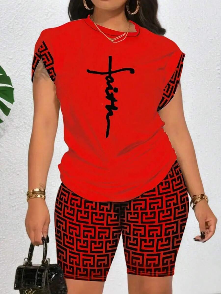 Women's Spring/Summer Fashion Round Neck Printed Short Sets - Burgundy - View 1