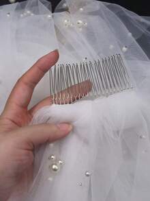 1 pieza Velo de novia estilo catedral con perlas, adecuado para bodas, fotografía, accesorios de fiesta, accesorios de oficina de registro con peine, ropa de otoño para mujeres - V130 - Ver 9