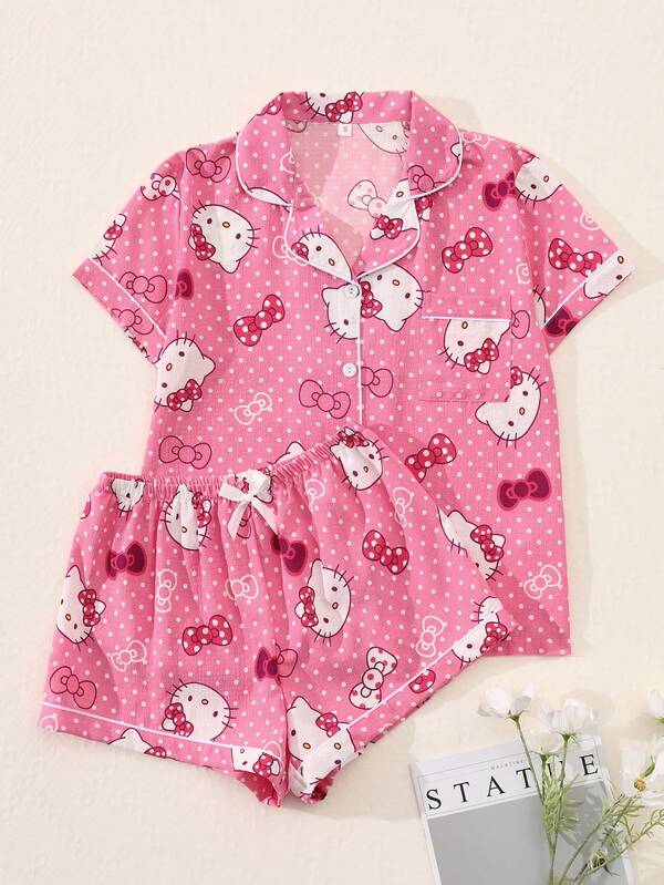 Sanrio Sanrio Authorized 2Pcs/Set Women's Hello Kitty Printed V-Neck Button Short Sleeve Single-Breasted Top And Bow Pants Pajama Set,Summer Pajama Set, Comfortable For Home Use
