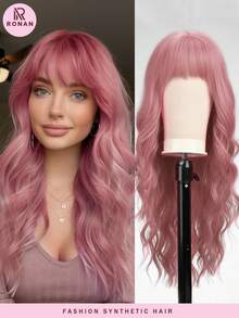 24 Inch Pink Long Natural Wave Curly Wig With Bangs Synthetic Wig Heat Resistant Fashionable For Daily Use Party - Pink - View 2