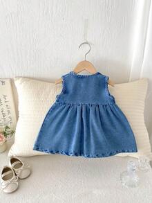 Miniweenns 1pc Baby Girl Outdoor Versatile Casual Embroidered Denim Sleeveless Simple Dress - Blue - View 3