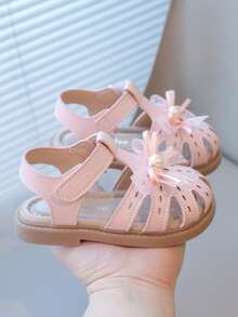 1 Pair Girls' Flat Sandals, Closed Toe, Versatile Minimalist Design With Hook And Loop Closure, Suitable For Outdoor Wear In Summer - Pink - View 3