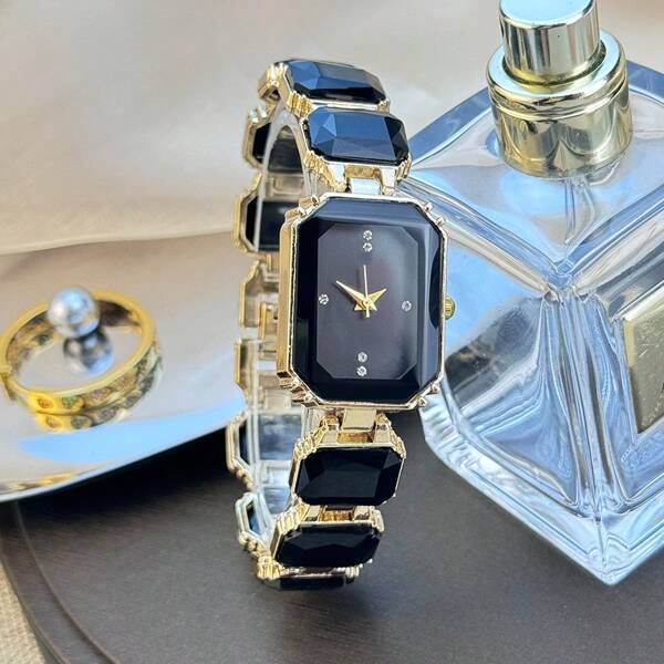 1pc Women's Tiny Cube Diamond Encrusted Square Dial Quartz Watch, Minimalist Crystals Embellished Wristwatch For Party