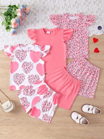 6pcs/Set Girls Casual Heart Print & Solid Top + Heart Print & Solid Shorts Outdoor Suit, Spring & Summer