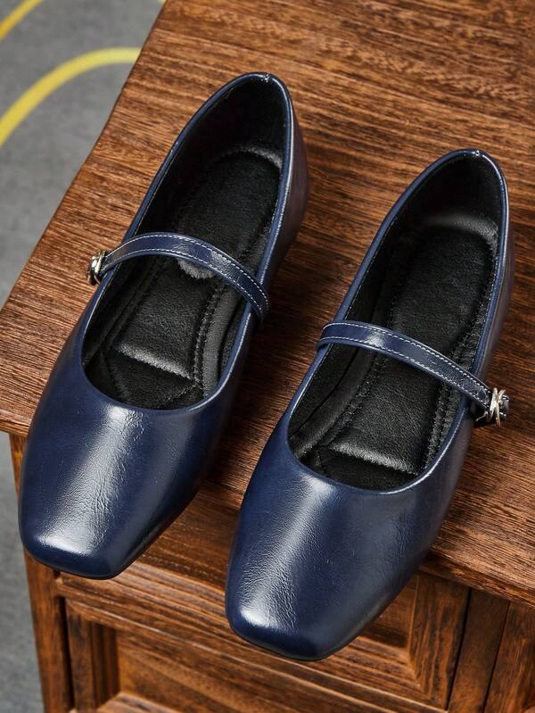 Women's Fashion Square Toe Shallow Low-Top Navy Blue Shoes, Versatile Casual Slip-Ons For Office, Outdoor, Spring/Summer, High-End Quality Ballet Flats For Party, Wedding, Black