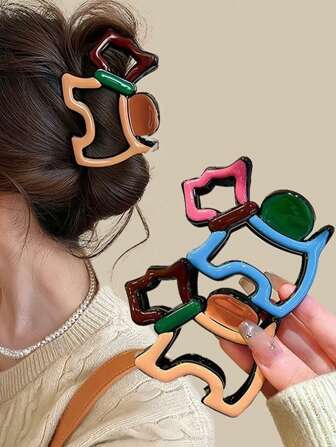 1 件拼色镂空条纹小狗设计发夹，甜美可爱的发髻发型配饰，多功能时尚礼物，发饰，发爪，爪夹，发夹，发夹，发夹，秋冬度假装女士