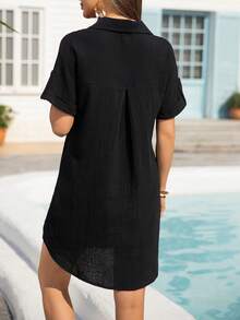 Women's Casual Black Collar Button Mini Shirt Dress