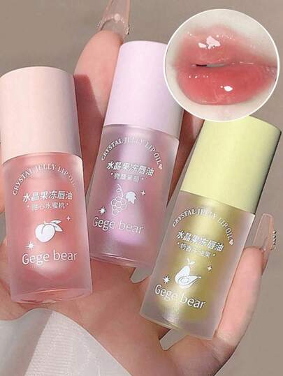 Gege Bear Bálsamo labial con aceite de fruta con sabor y cristal para cabezas grandes, hidratante y que reduce las líneas de los labios, cuidado de labios