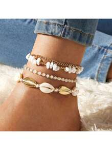 1-7pcs Bohemian Style Starfish & Beaded Braided Bracelets For Girls, Ocean Theme, Beach, Seashell, Beige & Ivory,Bracelets For Women,Summer Jewelry,Gold Jewelry Women