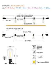 Đèn dây ngoài trời LED ST38 Bóng đèn hình cầu Dây đèn dây trang trí sân vườn Sân trong Tiệc ngoài trời Sân thượng Cắm trại Trang trí - Phích cắm loại C của EU (220-240V) - Xem 3