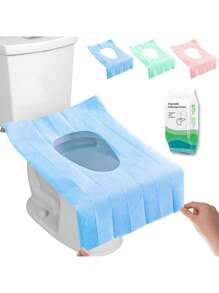 10 pièces Housse de siège de toilette jetable, grande couverture de siège de toilette en papier imperméable emballée individuellement, accessoires de voyage pour adultes, pour les toilettes publiques/avion/hôtel, décoration de salle de bain bleue/verte/rose