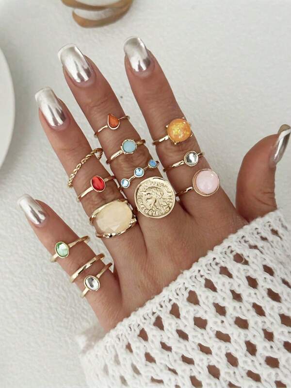13pcs Vintage Imitatione Gemstone Asymmetrical Cubic Zirconia Open Ring Finger Ring Women Jewelry Party Gift