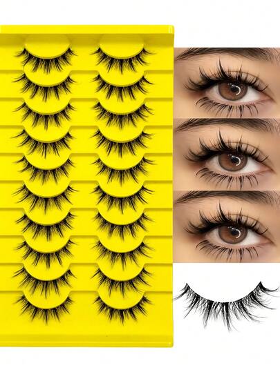 10 pares de pestañas postizas de manga natural estilo muñeca, con banda transparente suave. Diseño de apariencia de anime, perfecto para uso diario. Tiras de pestañas reutilizables.