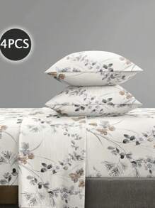 4 bucăți/set Set de cearșafuri cu model de frunze florale de grădină Set de lenjerie de pat moale din microfibră de îngrijire ușoară Set de lenjerie de pat cu flori (1 cearceaf plat+1 cearșaf de pat+2 buc de fețe de pernă)Set de cearșaf de pat King Queen Full TWIN SIZE Buzunar adânc de până la 11,8 inci Față de pernă, moale, respirabilă, pentru hotel de lux, cadou pentru dormit Prietene