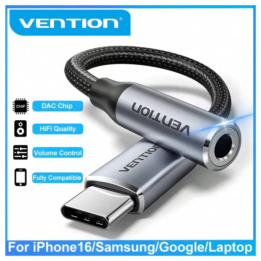 Bộ chuyển đổi âm thanh VENTION Aux 3.5mm Bộ chuyển đổi USB-C sang 3.5mm có DAC, Jack cắm dây tai nghe Bộ chuyển đổi âm thanh Aux hỗ trợ điều khiển có dây, Tai nghe OMTP và CTIA, Tương thích với IPhone 16/15//Máy tính bảng/Tai nghe/Loa