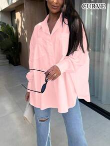 Camisa de botones con cuello de unicolor rosa para mujer talla grande, primavera - Rosa - Ver 3