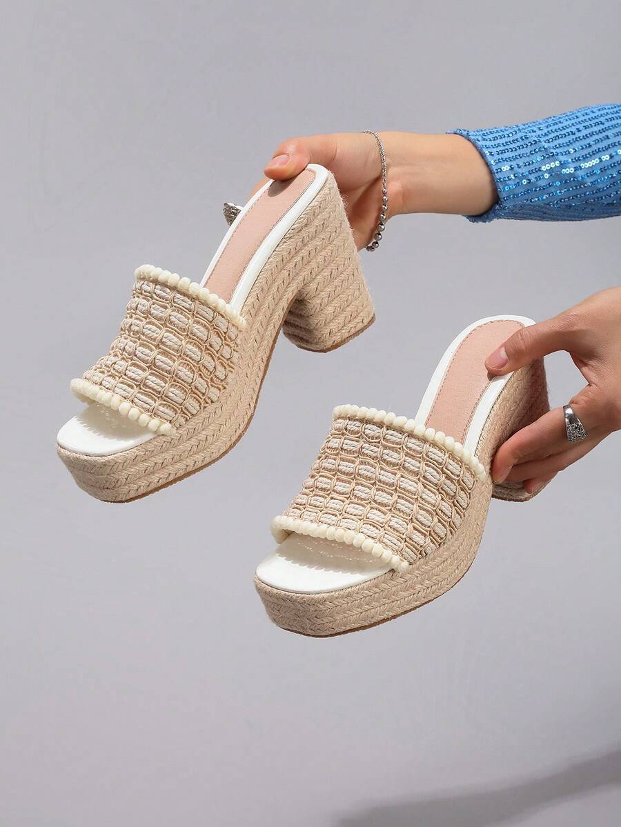 绳带坡跟厚底凉鞋，系带露趾，夏季度假休闲高跟白色日常时尚轻便舒适女鞋