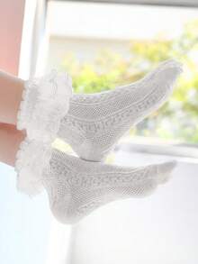 1/5 pares de calcetines blancos con volantes y encaje para niñas, calcetines de malla transpirables de estilo princesa, regalo para la escuela/recital de baile/cumpleaños en primavera/verano - Blanco - Ver 4