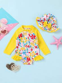 2pcs Set Elegant & Cute Baby Girls Floral Colorblock Ruffle Zipper Front Long Sleeve Romper & Bowknot Decor Hat, Suitable For Leisure, Swimming Pool, Beach, Vacation, Party - Multicolor - View 1
