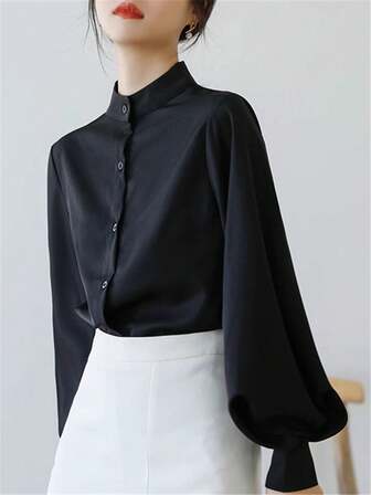 Camicia estiva da donna con colletto alla coreana, maniche a lanterna e manica a palloncino, taglio morbido e ampio