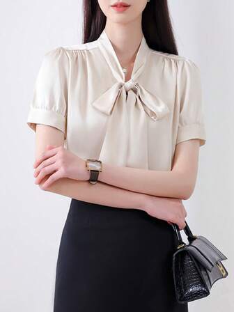 女士纯色系领优雅办公室短袖衬衫