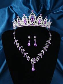 4pcs Elegant Rhinestone & Rhinestone Crystal Queen Crowns With Necklace Set For Wedding, Prom, Party, Baroque Style Royal Tiaras - Purple - View 1