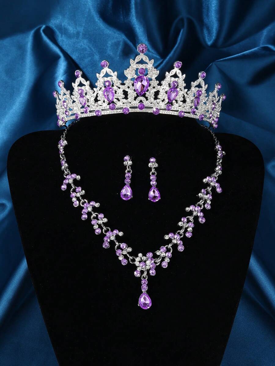4pcs Elegant Rhinestone & Rhinestone Crystal Queen Crowns With Necklace Set For Wedding, Prom, Party, Baroque Style Royal Tiaras - Purple - View 1