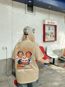 تي شيرت أكمام قصيرة بطبعة كعكة بطراز كاجوال قديم، مناسب يومي للرجل والمرأة، موسمي للربيع والصيف واللبس اليومي