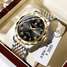 1pc Men's Rust-Proof 316 Stainless Steel Gold Plated Wire Green Black Dial 50m Waterproof Watch - Luminous Hands, English Calendar Date Precise Timekeeping Imported Quartz Movement From Japan High-Quality Luxury For Sport & Outdoor | US & Middle East Style Gift Father Husband Birthday Holiday Gifts