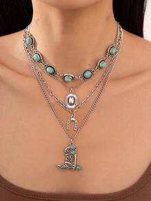3pcs/4pcs Set Bohemian Style Faux Turquoise Inlaid Cowboy Boots, Cowboy Hat, Bull Head Pendant Necklace, Luxurious Versatile Wedding/Party Necklace Gift For Women - Necklace - View 2