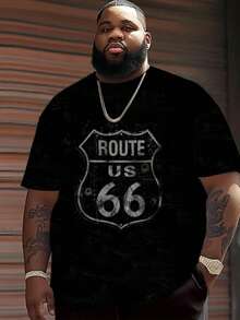 Plus Size Men's Black T-Shirt With Vintage "ROUTE US 66" Graphic, Retro Fashion Plus Size Short Sleeve 100% Polyester Tee