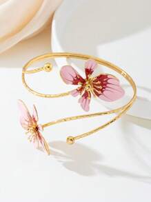 1pc Iron Alloy Double-Head Enamel Glazed Floral Open Bangle, Minimalist And Elegant Design, Suitable For Mother's Day Gift, Parties, And Everyday Wear