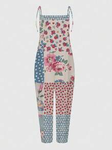 Women's Sleeveless Jumpsuit Fashion Print | V-Neck Waist Tie Design | Casual Comfort Polyester Blend Romper For Vacation, Beach, Summer Outfits - Lightweight