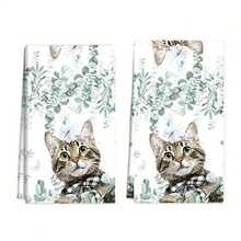 1 件/2 件可爱猫咪设计厨房和浴室手巾，柔软吸水可机洗涤纶洗碗布，非常适合厨房装饰、烹饪、烘焙、节日装饰和浴室必需品、餐桌装饰、厨房用品、家居装饰、新家浴室乔迁礼物、厨房毛巾，是送给猫爱好者的完美礼物