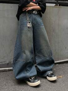 1 pieza Jeans rectos con diseño de parches y lavado vintage desgastado de ajuste holgado para hombre (El producto no incluye cinturón ni accesorios), estilo emo