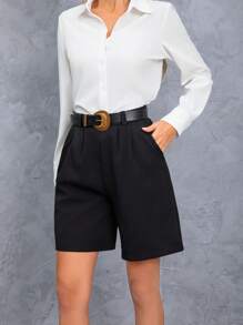 2 piezas de pantalones cortos elegantes de cintura alta y bolsillos de unicolor para mujer, uso casual y de oficina, para el verano