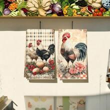 1set/2pcs Vintage Chicken Print Kitchen Towel, Dishwashing Towel, Suitable For Spring And Summer Restaurant Kitchen Bathroom Interior Decoration Party Decoration, Holiday Gift, Can Be Given As A Gift