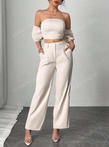 2 Stücke Damen Sommer Lässig elegantes Outfit Set: Einfarbiges Bandeau-Top und high-waist Weit geschnittene lange Hose Set