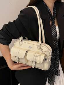 Women's Retro Solid Color PU Leather Shoulder Bag, Multi-Pocket Large Capacity, Comes With Detachable Pendant - White - View 5