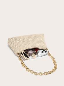 女士腋下包，方形金属链条包，大容量，轻便，休闲时尚，海滩度假风，适合购物和度假 - 杏色 - 查看 4