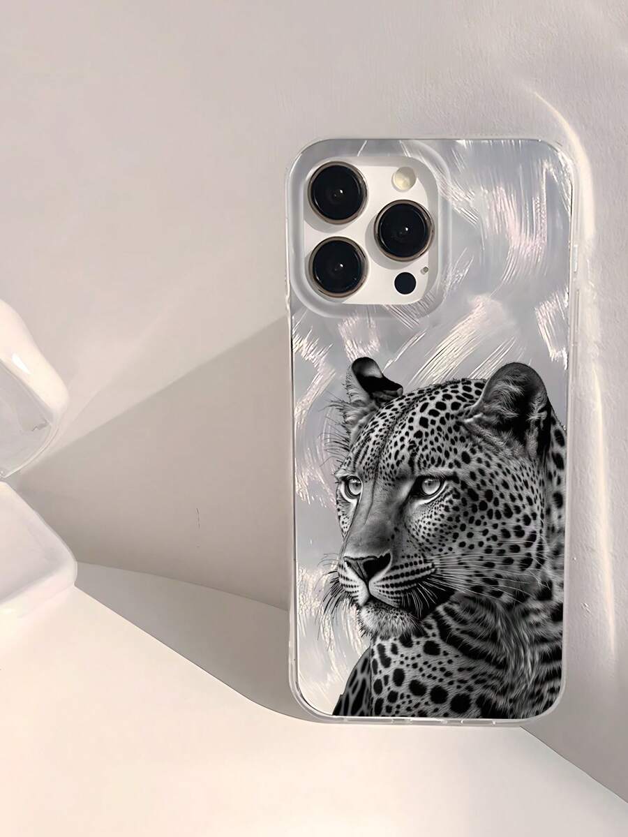 银色 1 件时尚豹纹侧脸图案防水防震防滑软手机壳，兼容 iPhone