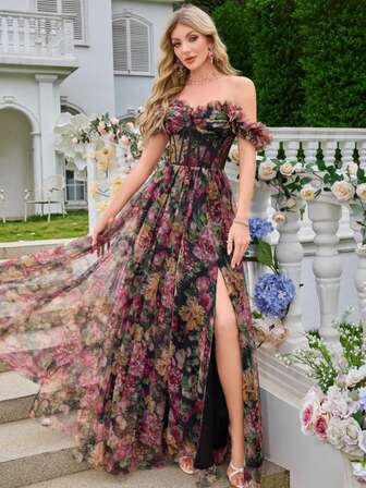 Kexmon Elegant Romantic Handmade Flower Decor Off Shoulder Mesh Floral Dress With Slit, Heavy Work Lady's Formal Party Evening Gown Wedding Guest Dress Prom Dress