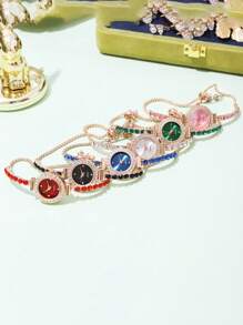 1 pièce Montre bracelet femme en alliage avec boîtier et cadran rose à cristaux et strass, élégante montre à quartz réglable