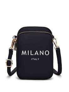 1pc Black Casual & Fashionable Mini Handbag, "Milan Italy" Themed, With Phone Pocket, Coin Purse, Ladies' Crossbody Phone Bag, Shoulder Bag, Wallet, Lightweight & Odorless Polyester Travel Bag - Black - View 9