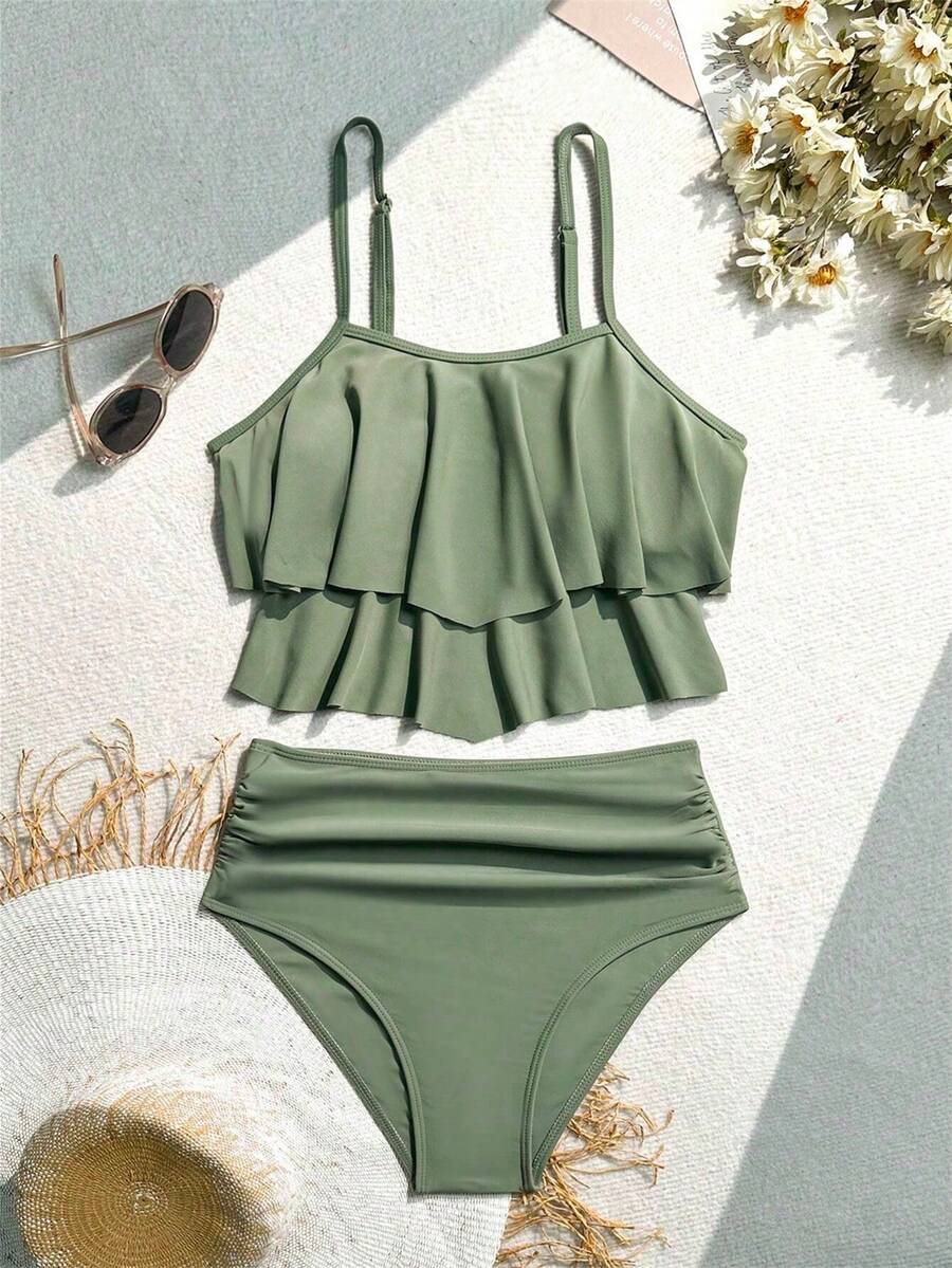 Tankini Swimsuits For Women High Waisted Bikini Sets Plus Size Two Piece Bathing Suits Tummy Control - 抹茶綠 - 查看 1
